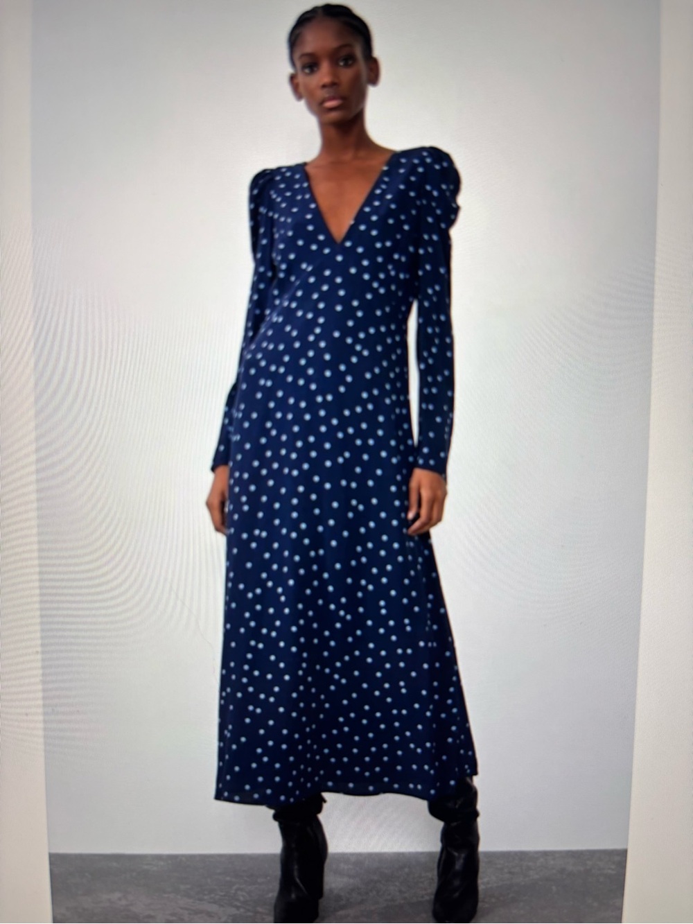 Zara Navy and Blue Polka Dot V‑Neck Maxi Dress